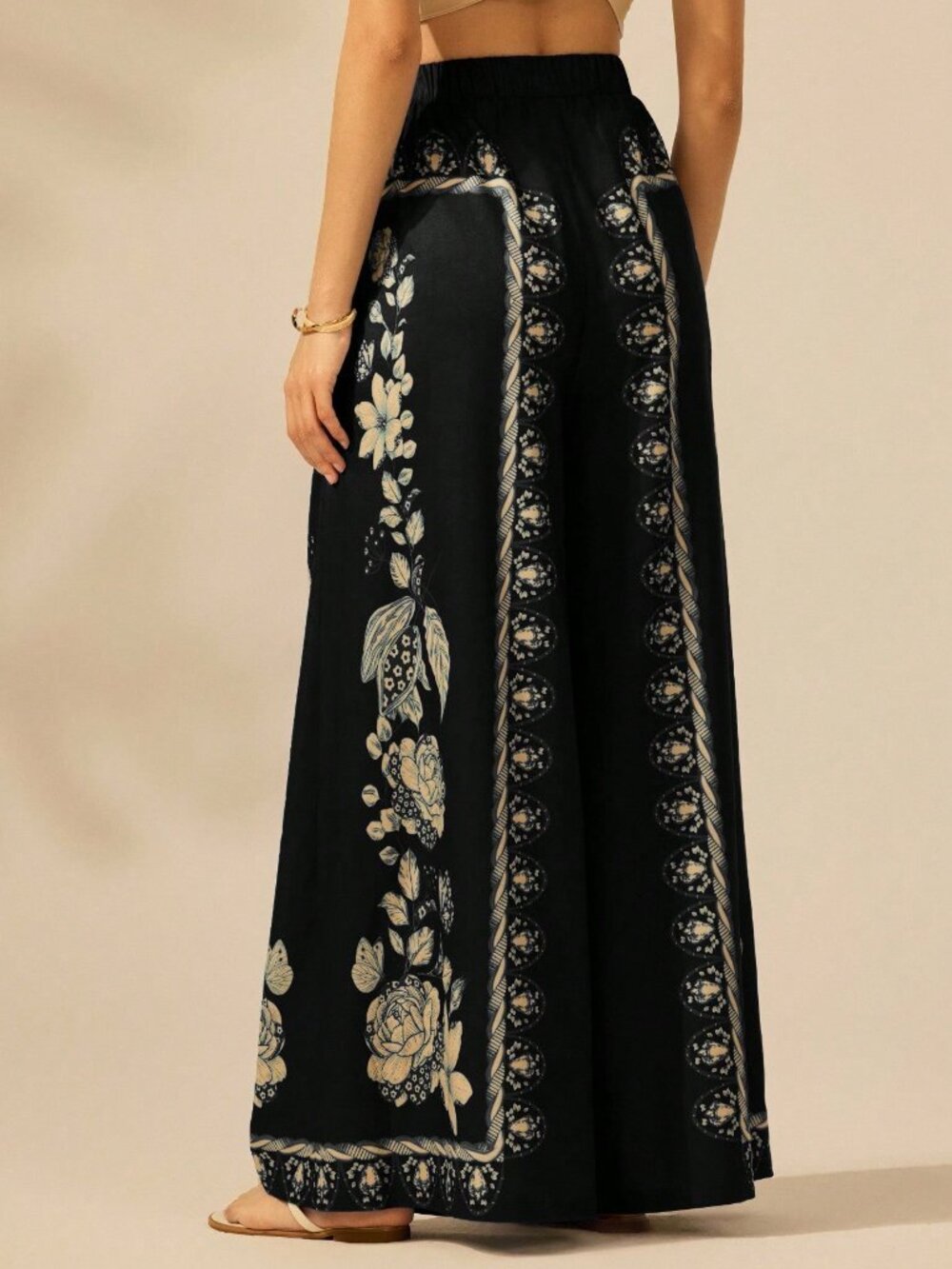 Black Boho Women's Tropical Plant Print Palazzo Pants - Picture 2 of 7